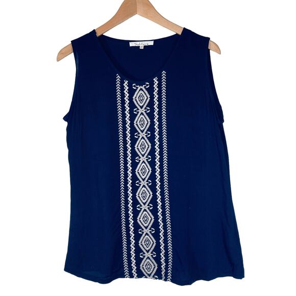 Solitaire Navy Blouse Sleeveless Embroidered Anthropologie Top Size M - Picture 3 of 7